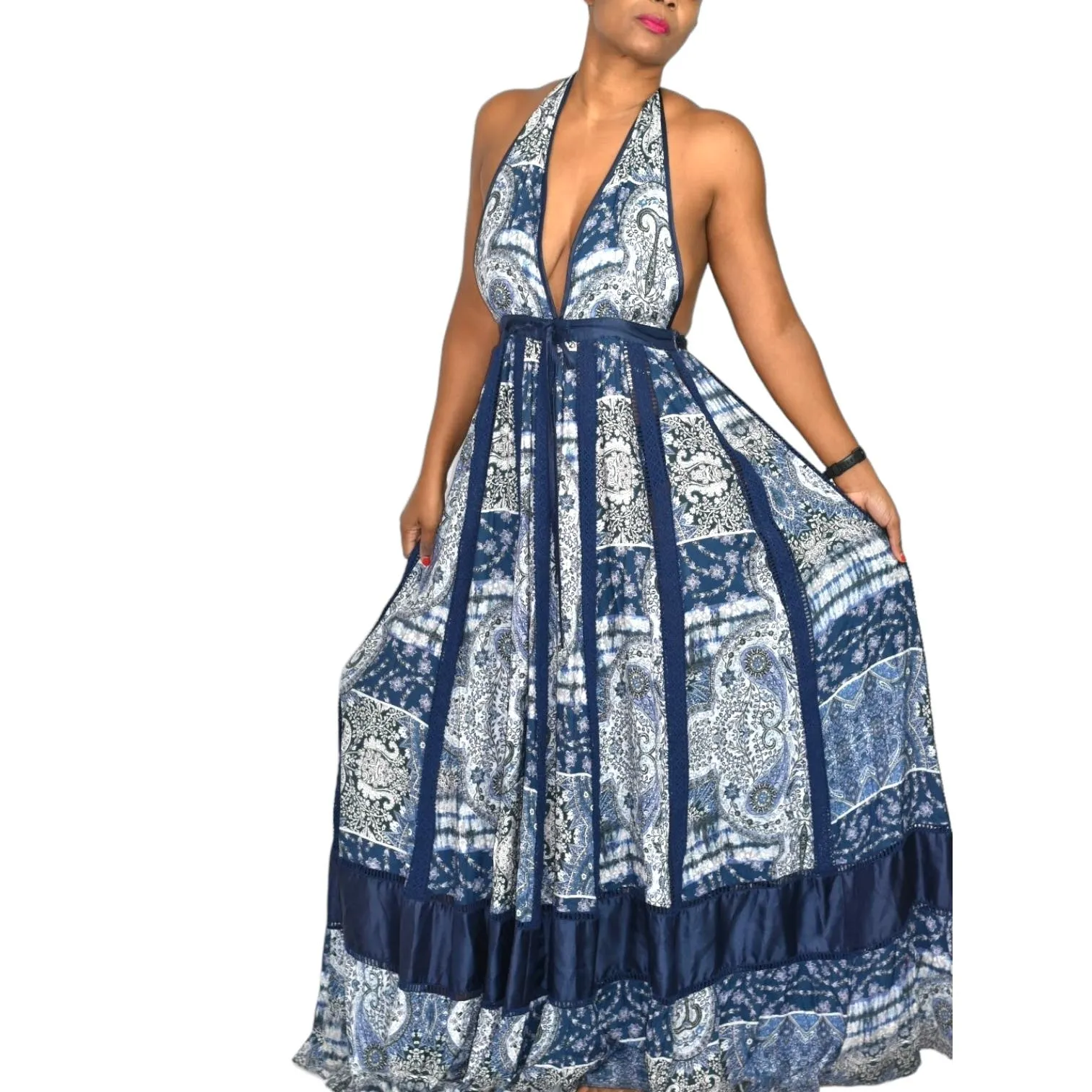 Young Fabulous Broke Maxi Dress Blue Paisley Patchwork YFB Low Cut Halter Crochet Size XS