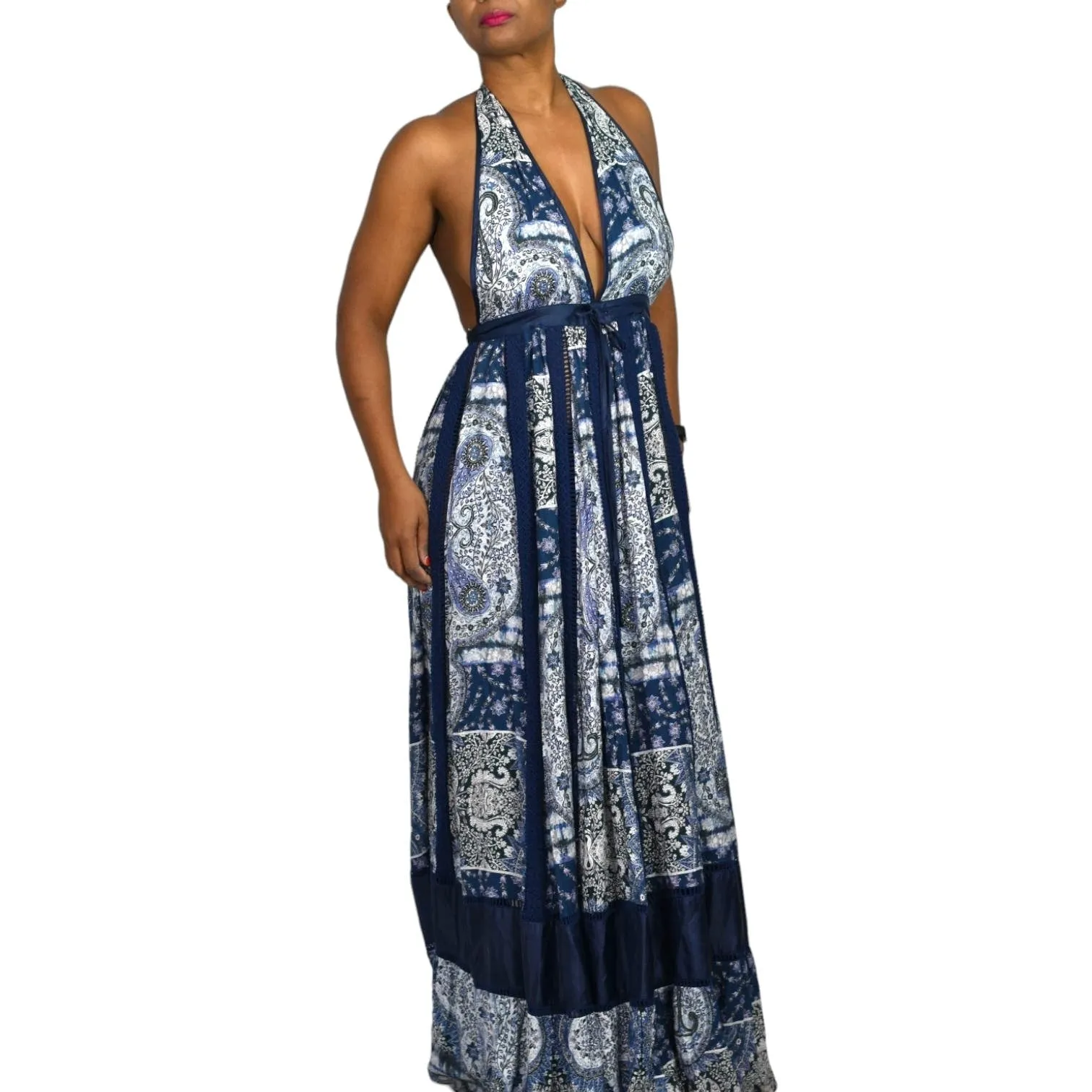 Young Fabulous Broke Maxi Dress Blue Paisley Patchwork YFB Low Cut Halter Crochet Size XS