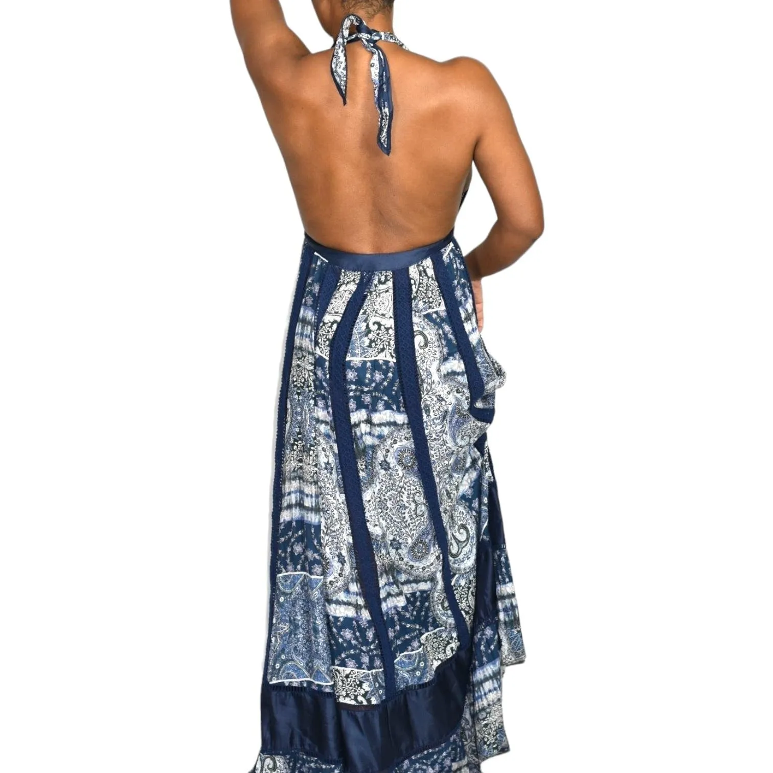 Young Fabulous Broke Maxi Dress Blue Paisley Patchwork YFB Low Cut Halter Crochet Size XS