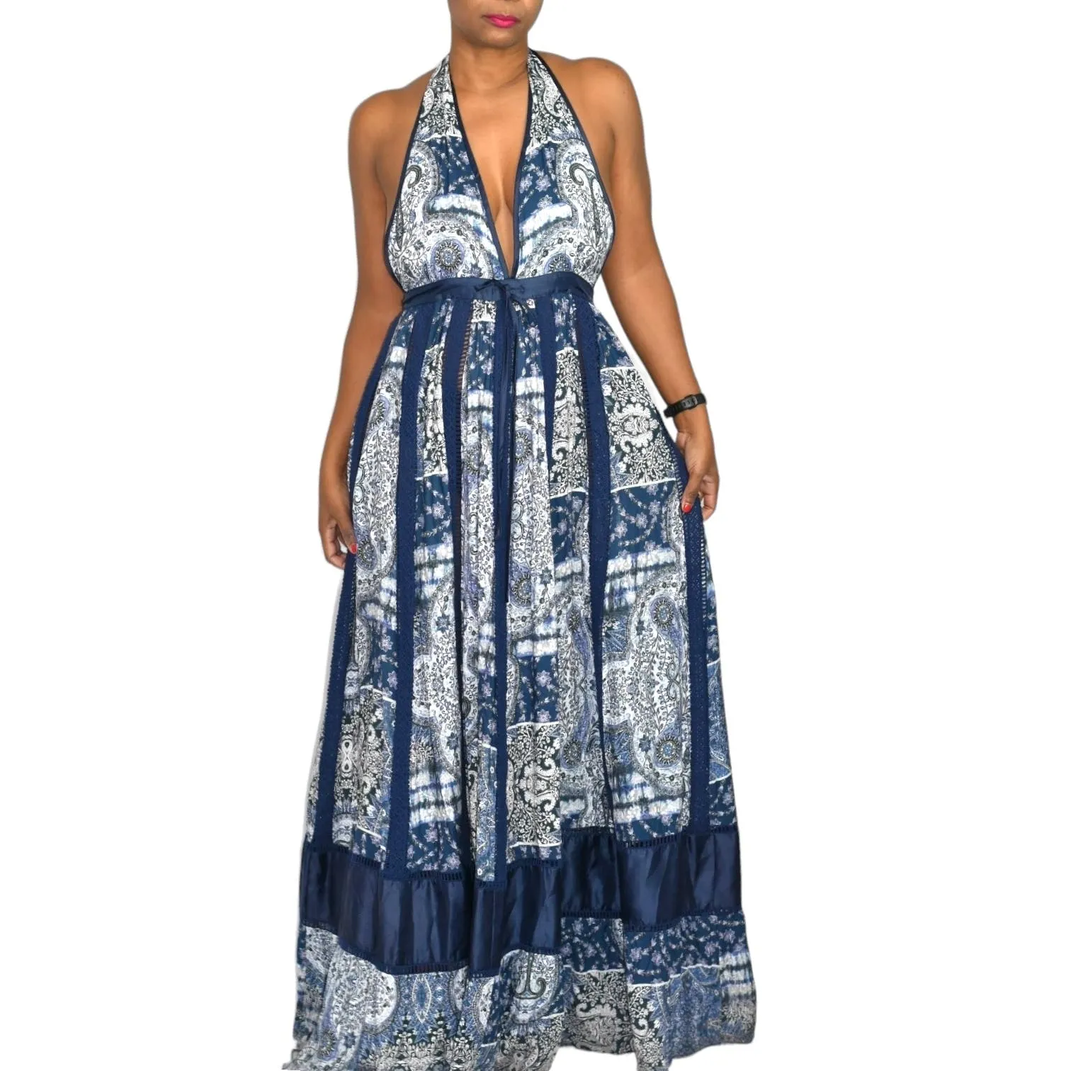 Young Fabulous Broke Maxi Dress Blue Paisley Patchwork YFB Low Cut Halter Crochet Size XS