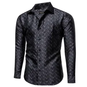 YourTies Men's Floral Shirt Long Sleeve Black Grey Jacquard Silk Shirt